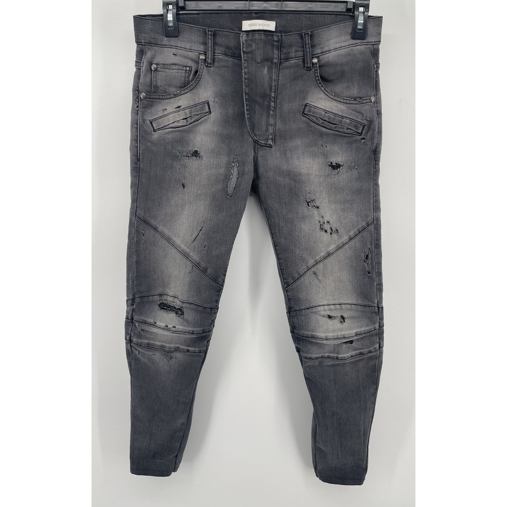 Pierre Balmain Biker Jeans Mens 34 Grey Distressed Moto Slim Fit Italy Grunge